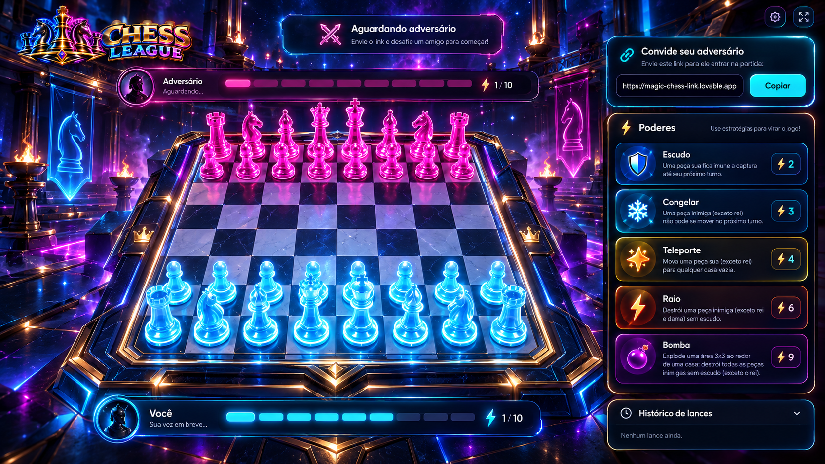 Prévia ilustrativa do tabuleiro 3D da Chess League com peças neon ciano e magenta